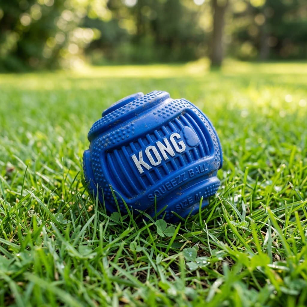 KONG Squeezz Royal Blue Ball on grass